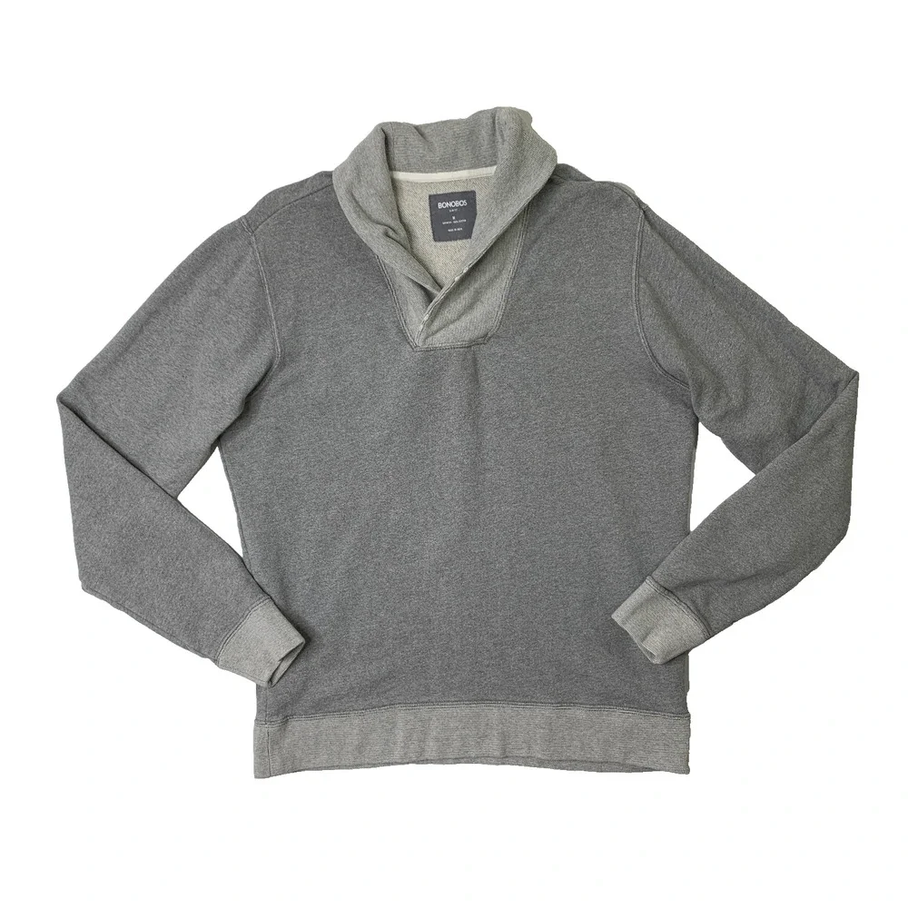 Bonobos Sweater Mens M Medium Grey Cotton Slim Fit Shawl Collar Pullover Preppy